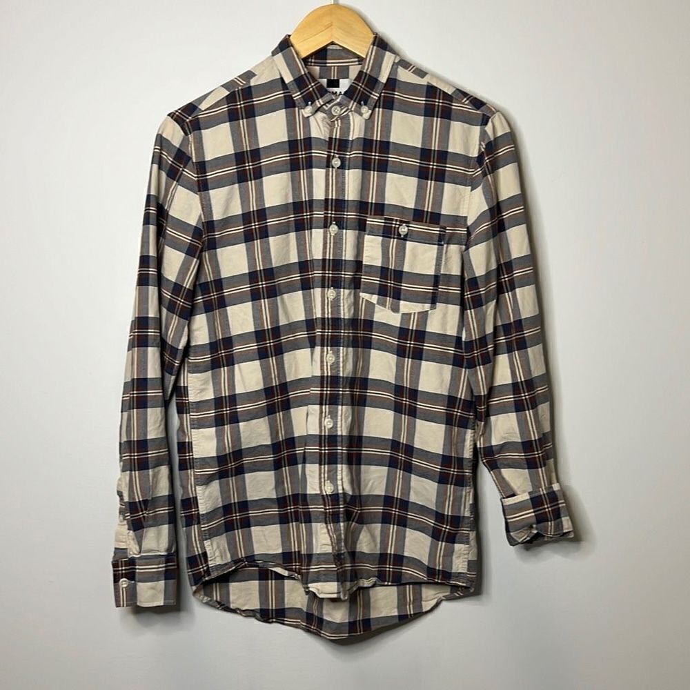 TOPMAN Long Sleeve Mens Casual Button Down Shirt Small (S) Plaid Tan Blue Red